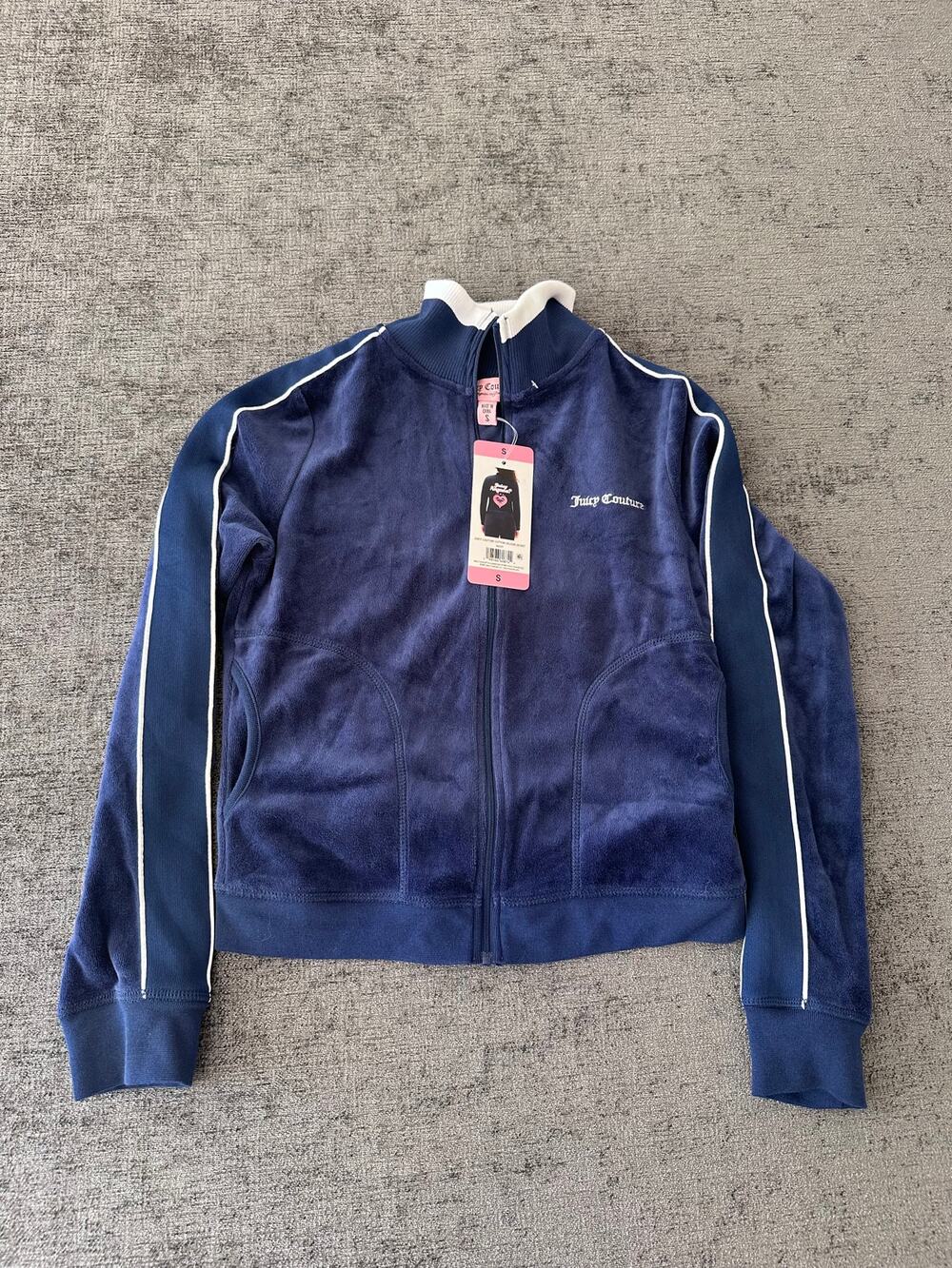 NWT Juicy Couture Navy Blue Velour Track Jacket Small Pickleball Graphic Y2K